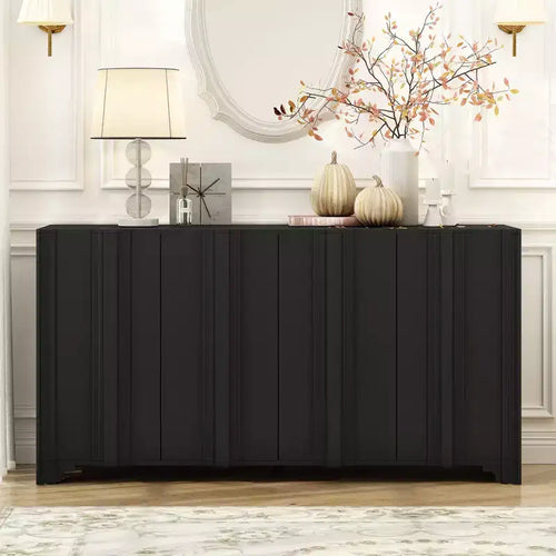 GDFStudio Lucas 4-Door Pine Veneer Sideboard with Intricate Linear Accents and Triangular Legs