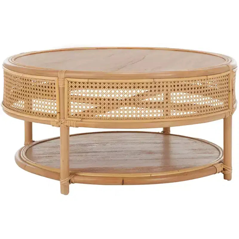 Tavolino rotondo in rattan con struttura in legno di mango, multicolore, per interni