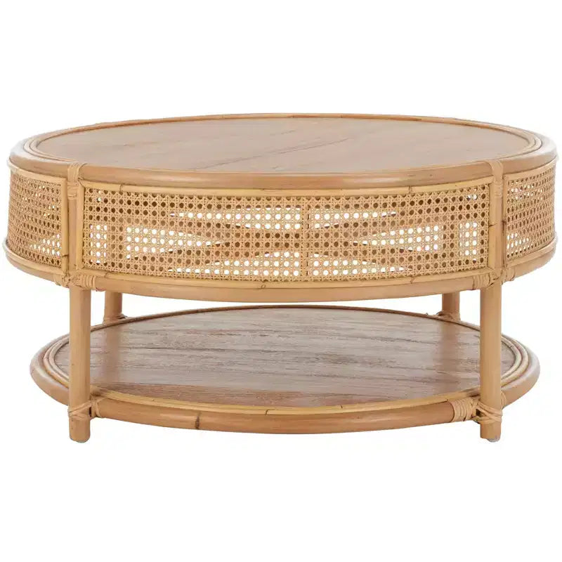 Tavolino rotondo in rattan con struttura in legno di mango, multicolore, per interni