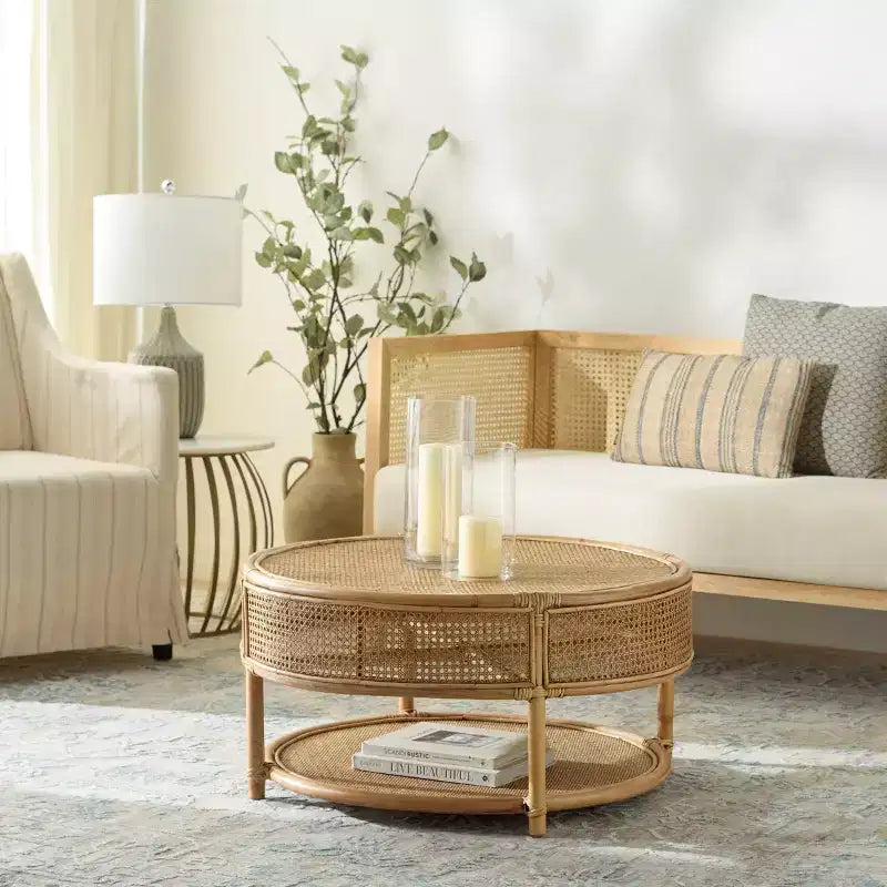 Tavolino rotondo in rattan con struttura in legno di mango, multicolore, per interni