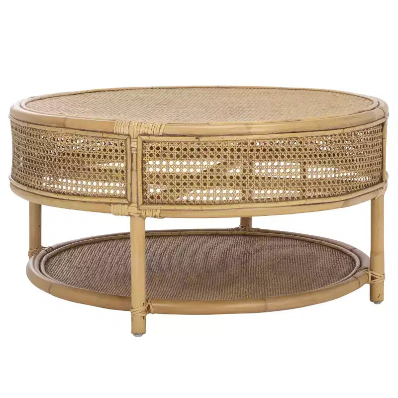 Tavolino rotondo in rattan con struttura in legno di mango, multicolore, per interni