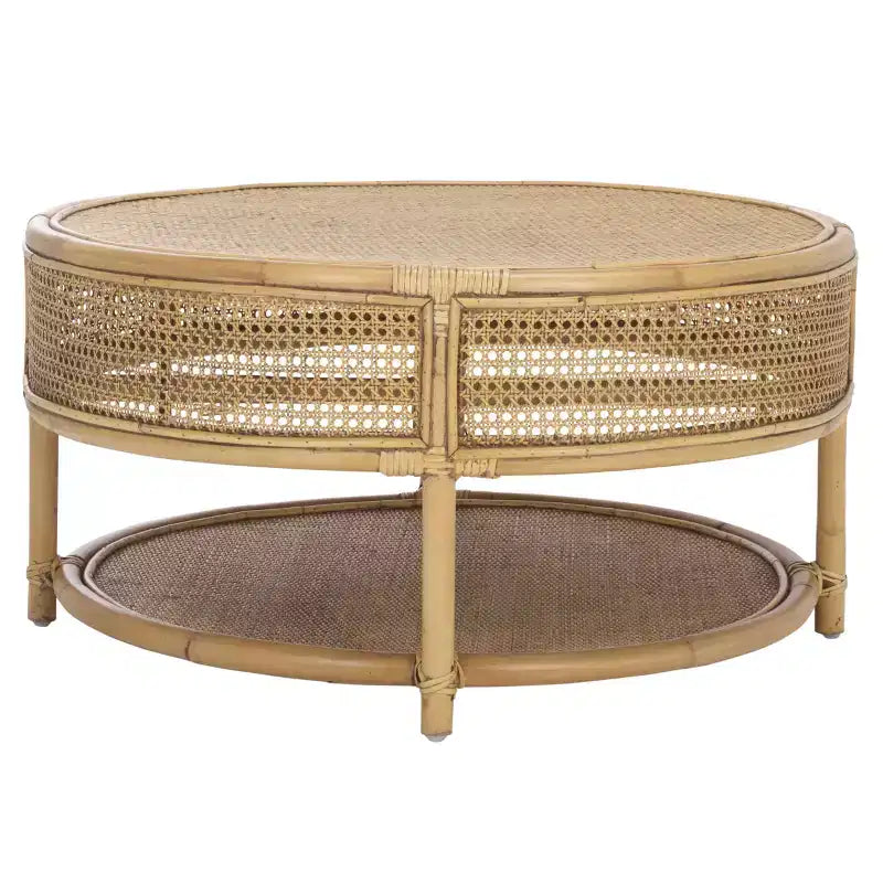 Tavolino rotondo in rattan con struttura in legno di mango, multicolore, per interni