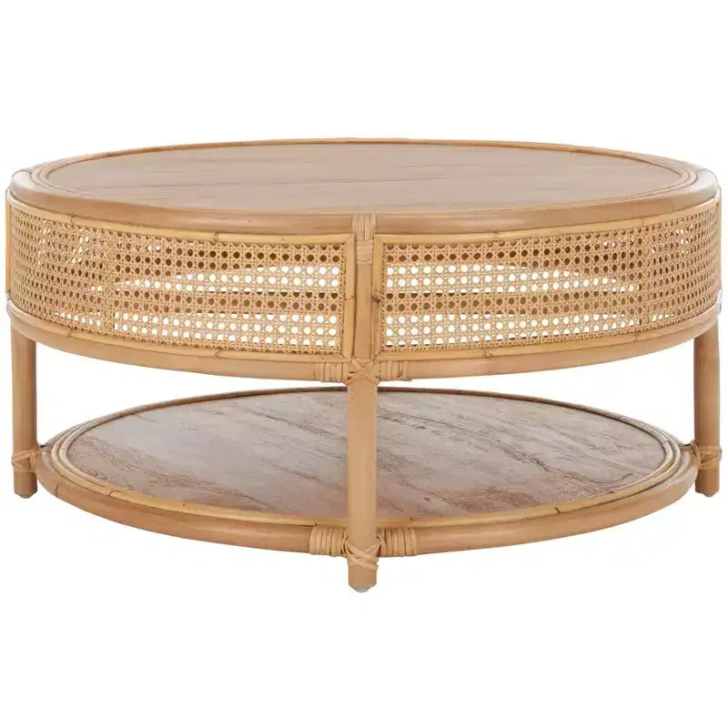 Tavolino rotondo in rattan con struttura in legno di mango, multicolore, per interni