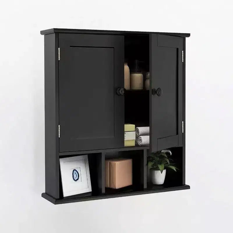 Pensile Nero sopra il WC, 2 Ante e Ripiani Regolabili, Bagno Moderno