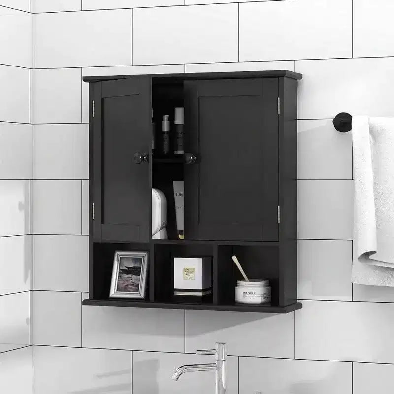Pensile Nero sopra il WC, 2 Ante e Ripiani Regolabili, Bagno Moderno