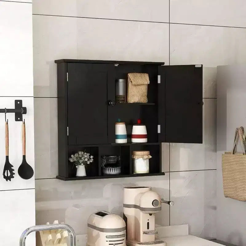 Pensile Nero sopra il WC, 2 Ante e Ripiani Regolabili, Bagno Moderno