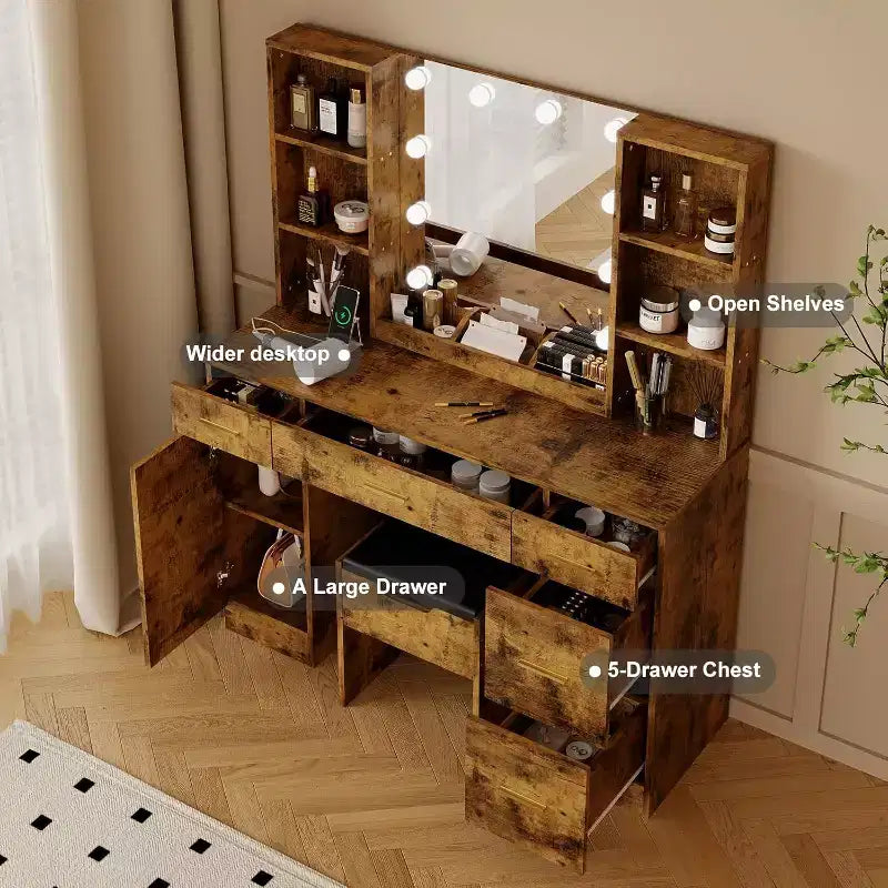 Scrivania da Trucco Illuminata con Specchio, 5 Cassetti, 6 Ripiani e Sgabello