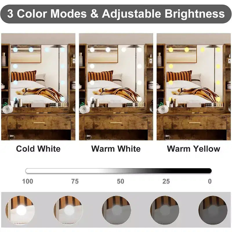 Scrivania da Trucco Illuminata con Specchio, 5 Cassetti, 6 Ripiani e Sgabello
