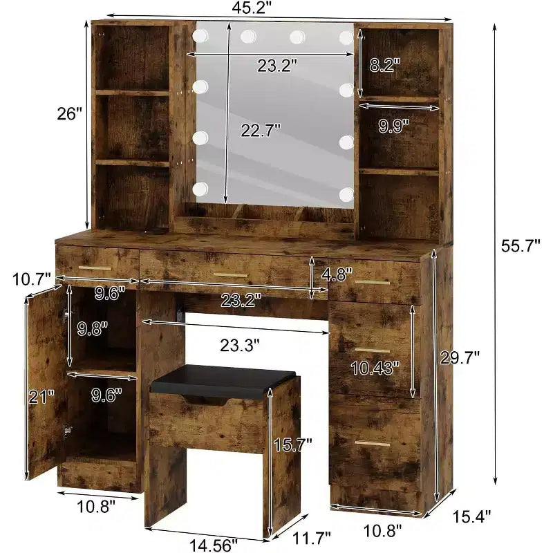 Scrivania da Trucco Illuminata con Specchio, 5 Cassetti, 6 Ripiani e Sgabello