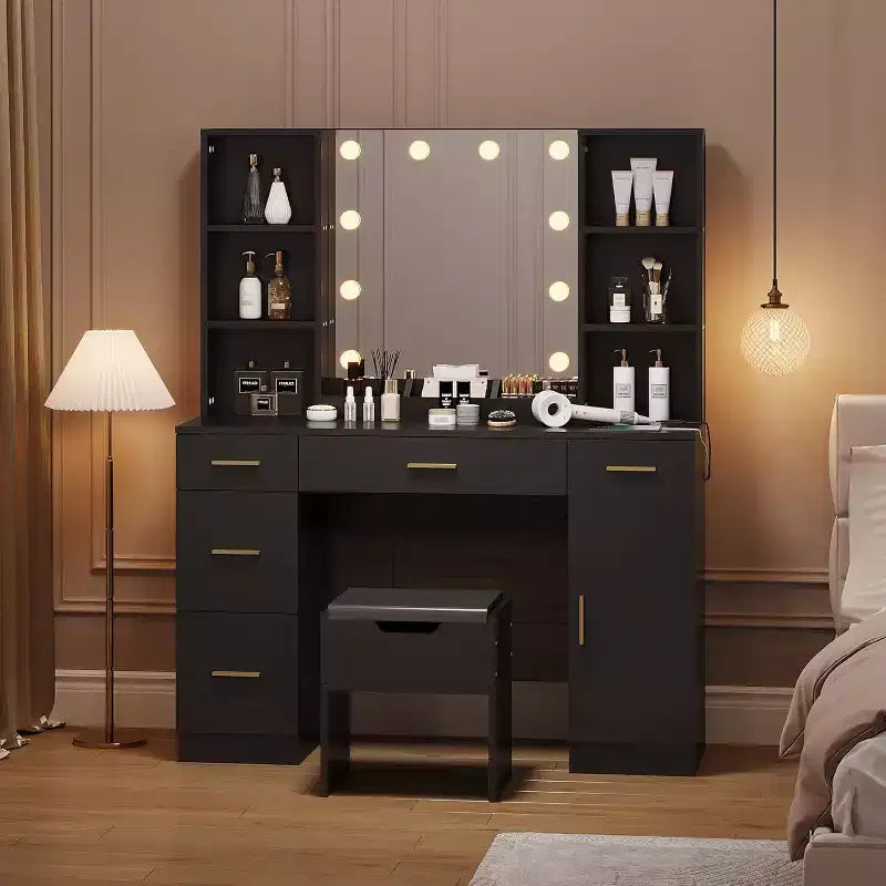 Scrivania da Trucco Illuminata con Specchio, 5 Cassetti, 6 Ripiani e Sgabello