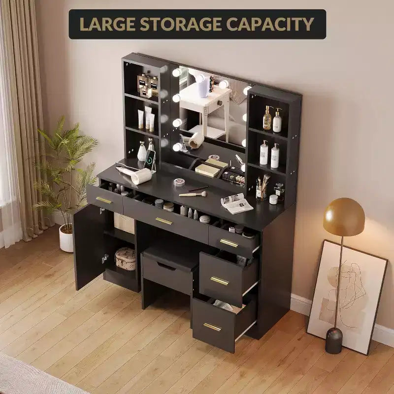 Scrivania da Trucco Illuminata con Specchio, 5 Cassetti, 6 Ripiani e Sgabello