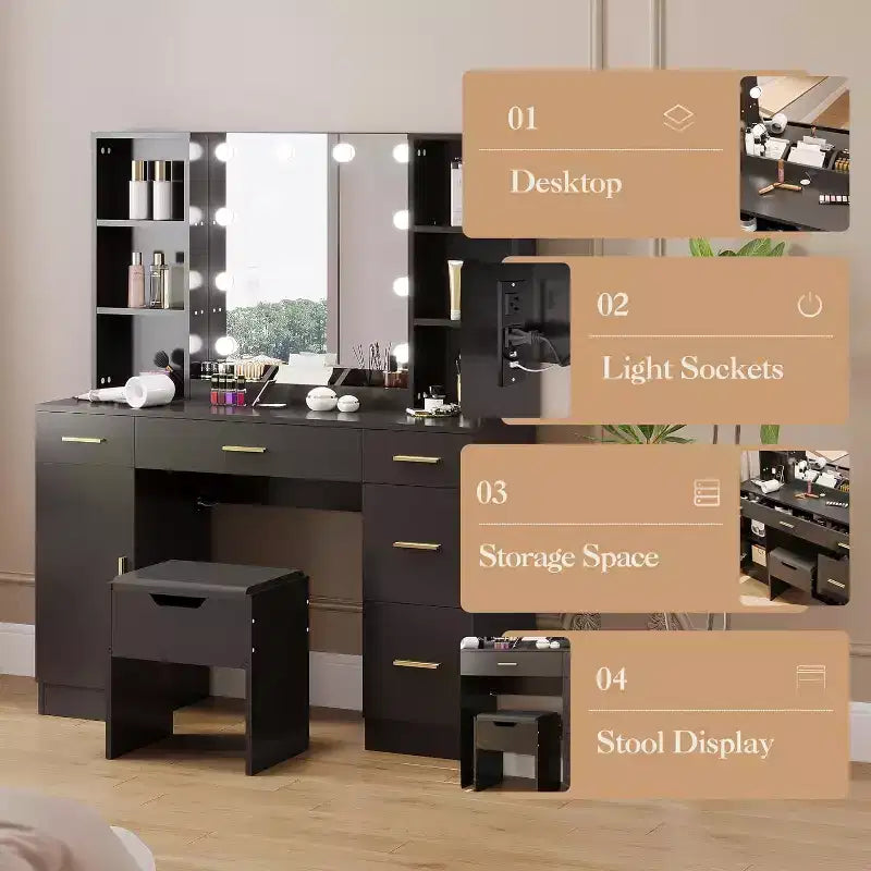 Scrivania da Trucco Illuminata con Specchio, 5 Cassetti, 6 Ripiani e Sgabello