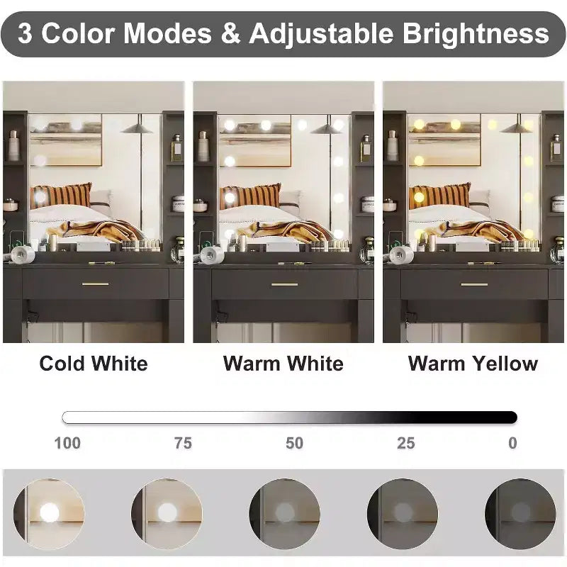 Scrivania da Trucco Illuminata con Specchio, 5 Cassetti, 6 Ripiani e Sgabello