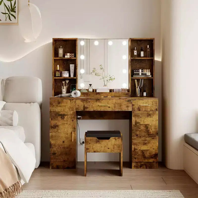 Scrivania da Trucco Illuminata con Specchio, 5 Cassetti, 6 Ripiani e Sgabello
