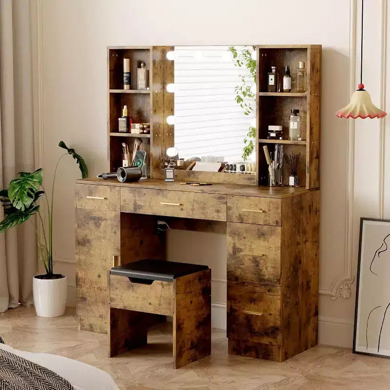 Scrivania da Trucco Illuminata con Specchio, 5 Cassetti, 6 Ripiani e Sgabello