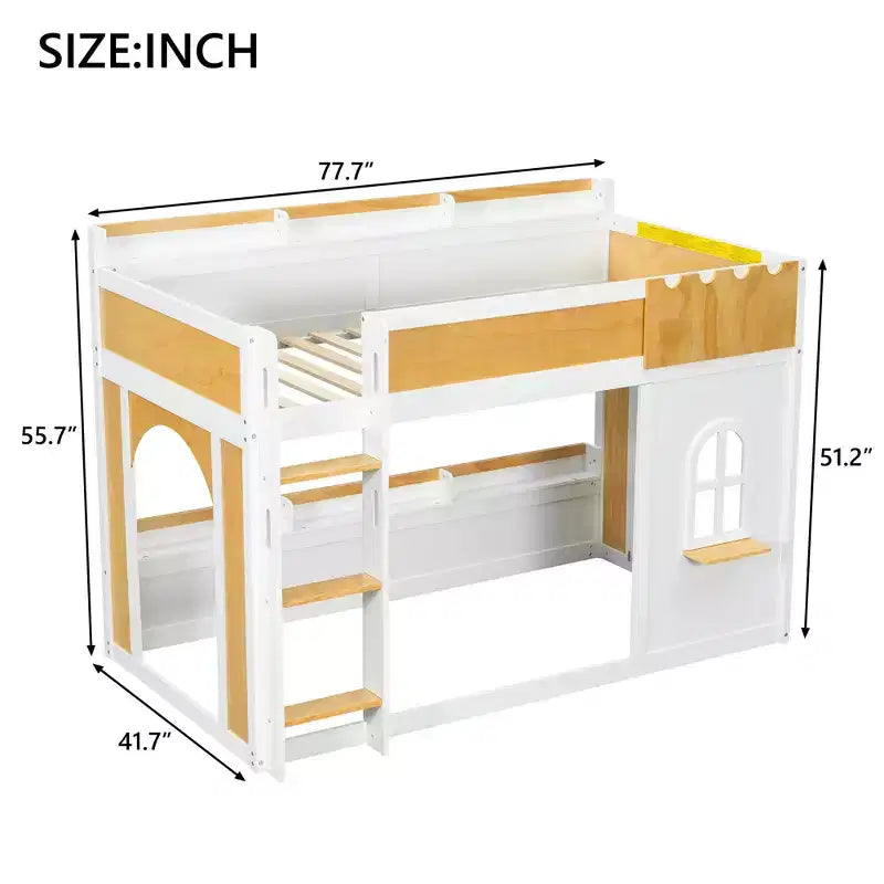 Letto a castello salvaspazio con mensole contenitore integrate e design giocoso a finestra