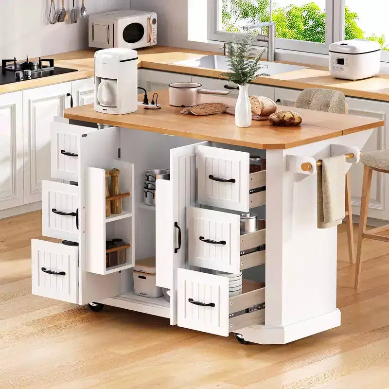 Isola da Cucina da 56" con Anta a Ribalta, Presa di Corrente, 6 Cassetti e Ripiani a 4 Ante, Bianca