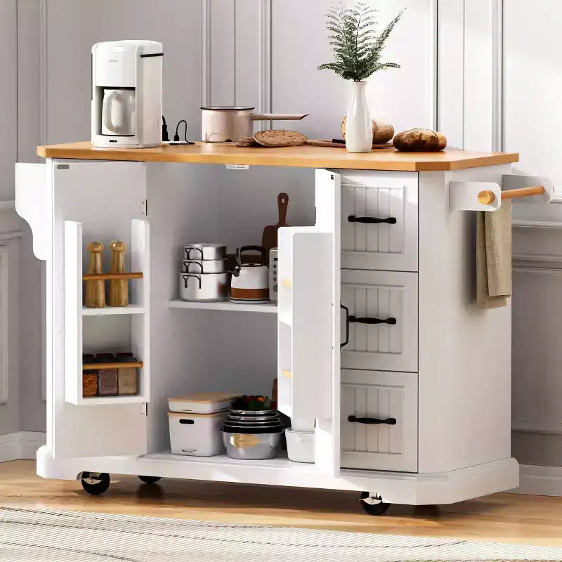 Isola da Cucina da 56" con Anta a Ribalta, Presa di Corrente, 6 Cassetti e Ripiani a 4 Ante, Bianca