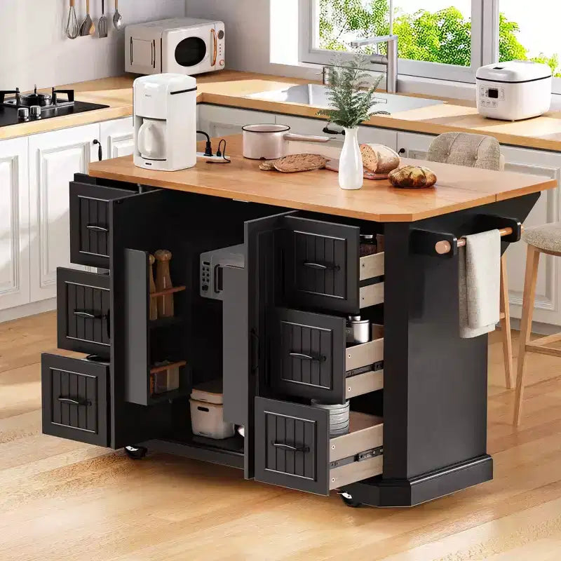 Isola da Cucina da 56" con Anta a Ribalta, Presa di Corrente, 6 Cassetti e Ripiani a 4 Ante, Bianca
