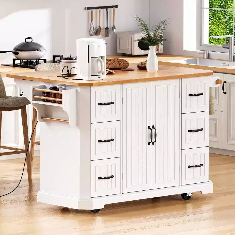 Isola da Cucina da 56" con Anta a Ribalta, Presa di Corrente, 6 Cassetti e Ripiani a 4 Ante, Bianca