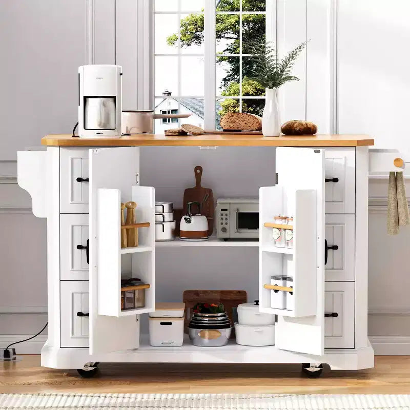 Isola da Cucina da 56" con Anta a Ribalta, Presa di Corrente, 6 Cassetti e Ripiani a 4 Ante, Bianca