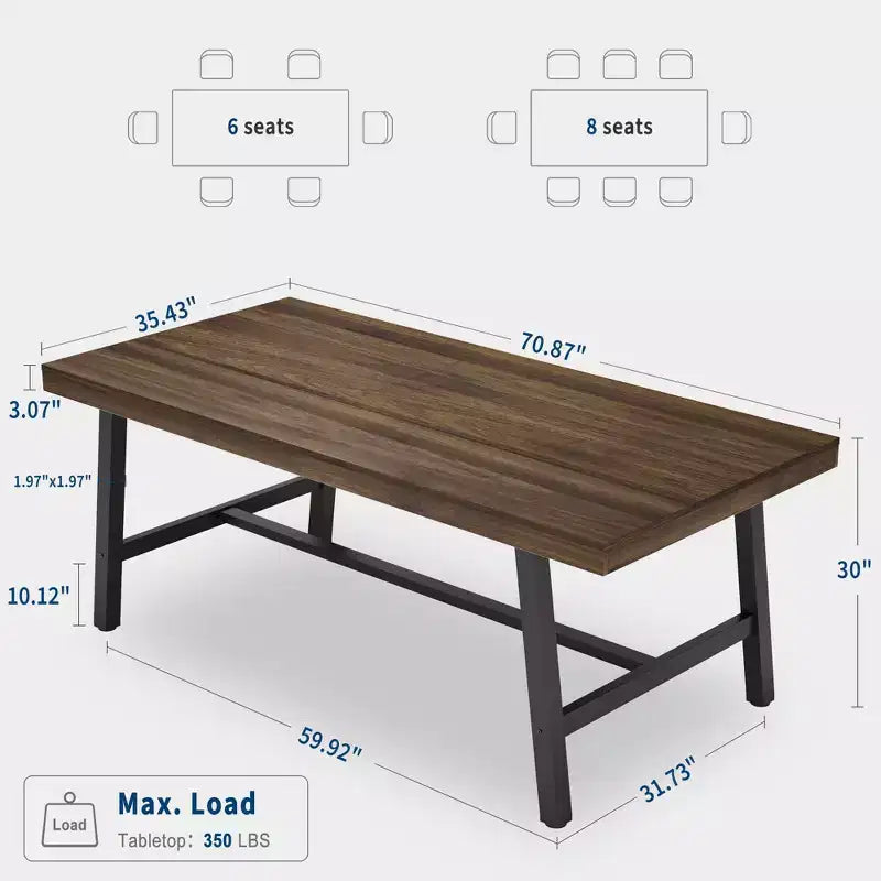 Tavolo da pranzo industriale da 70,87" per 6-8 persone, struttura in metallo, capacità di 136 kg, nero