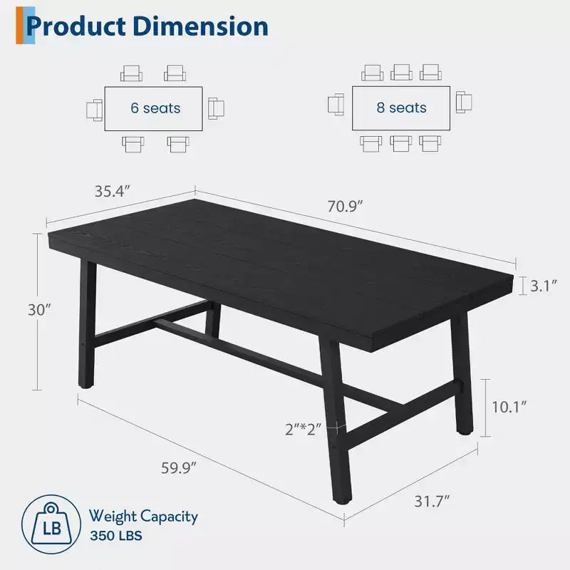 Tavolo da pranzo industriale da 70,87" per 6-8 persone, struttura in metallo, capacità di 136 kg, nero
