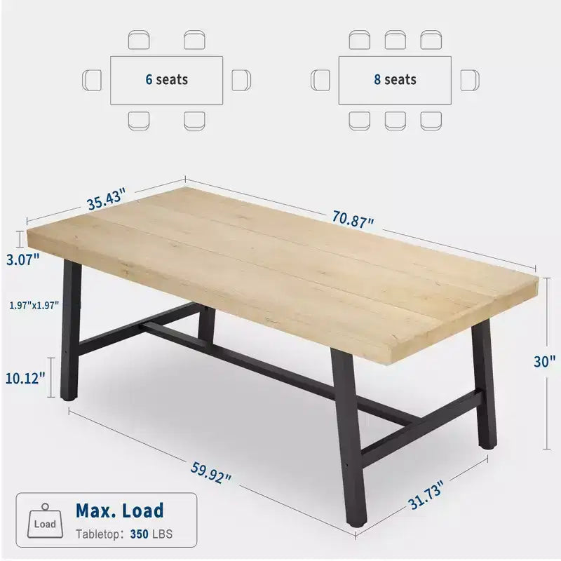 Tavolo da pranzo industriale da 70,87" per 6-8 persone, struttura in metallo, capacità di 136 kg, nero
