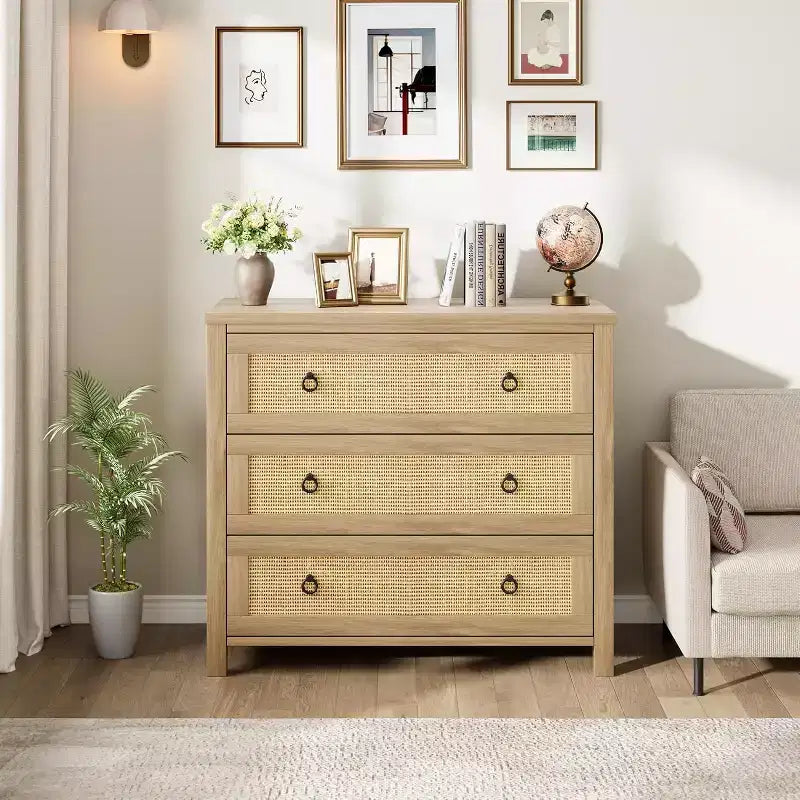 Comò in Rattan Naturale a 3 Cassetti, Cassetti Extra Profondi, Antiribaltamento, Autoportante
