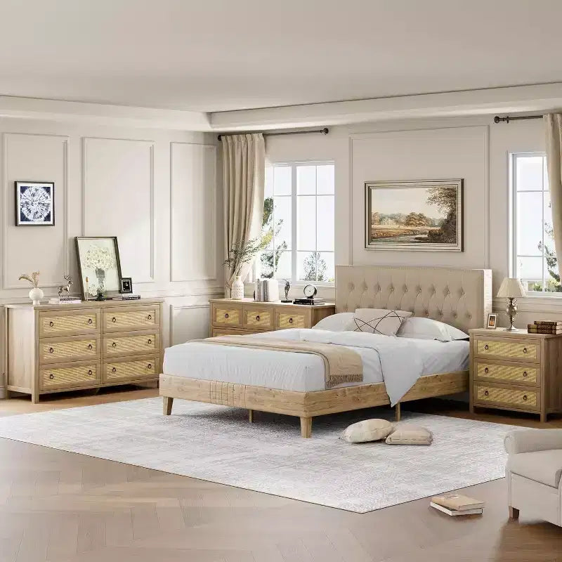 Comò in Rattan Naturale a 3 Cassetti, Cassetti Extra Profondi, Antiribaltamento, Autoportante