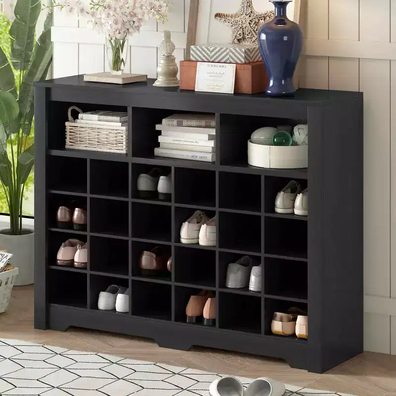 Cassettiera a 24 scomparti per scarpe, base curva, madia moderna, nera