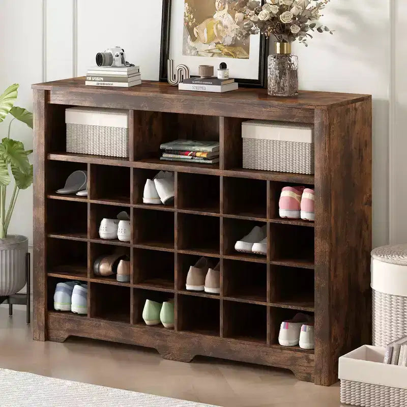Cassettiera a 24 scomparti per scarpe, base curva, madia moderna, nera