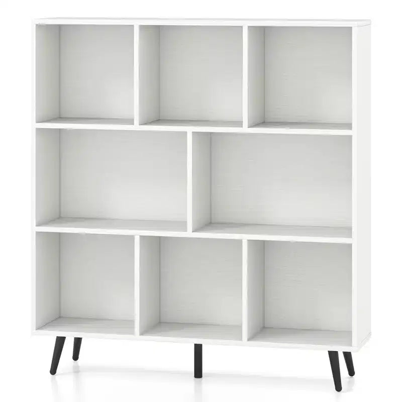 Libreria a 3 livelli a 8 cubi con organizer portaoggetti e 5 gambe in metallo, bianca