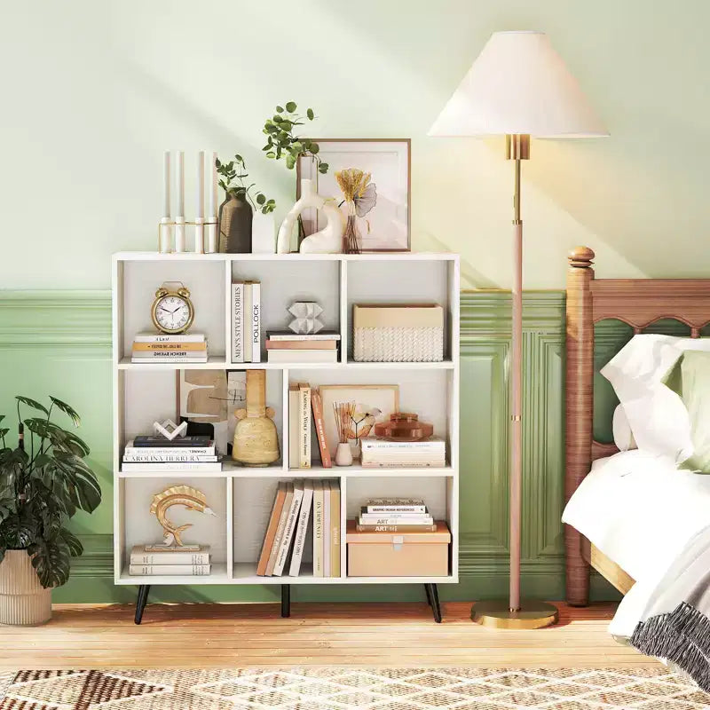 Libreria a 3 livelli a 8 cubi con organizer portaoggetti e 5 gambe in metallo, bianca