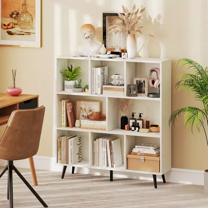 Libreria a 3 livelli a 8 cubi con organizer portaoggetti e 5 gambe in metallo, bianca