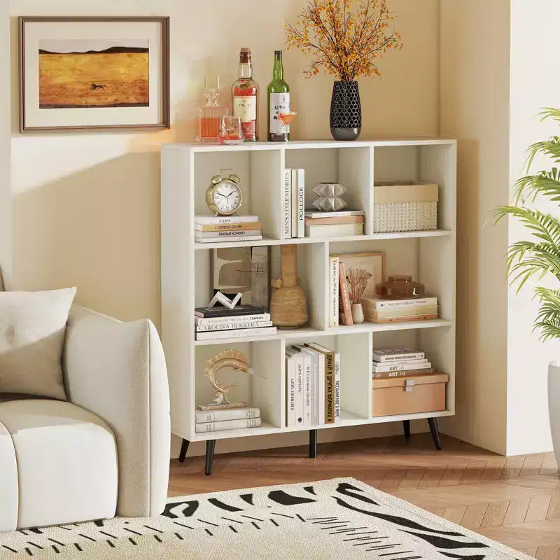 Libreria a 3 livelli a 8 cubi con organizer portaoggetti e 5 gambe in metallo, bianca