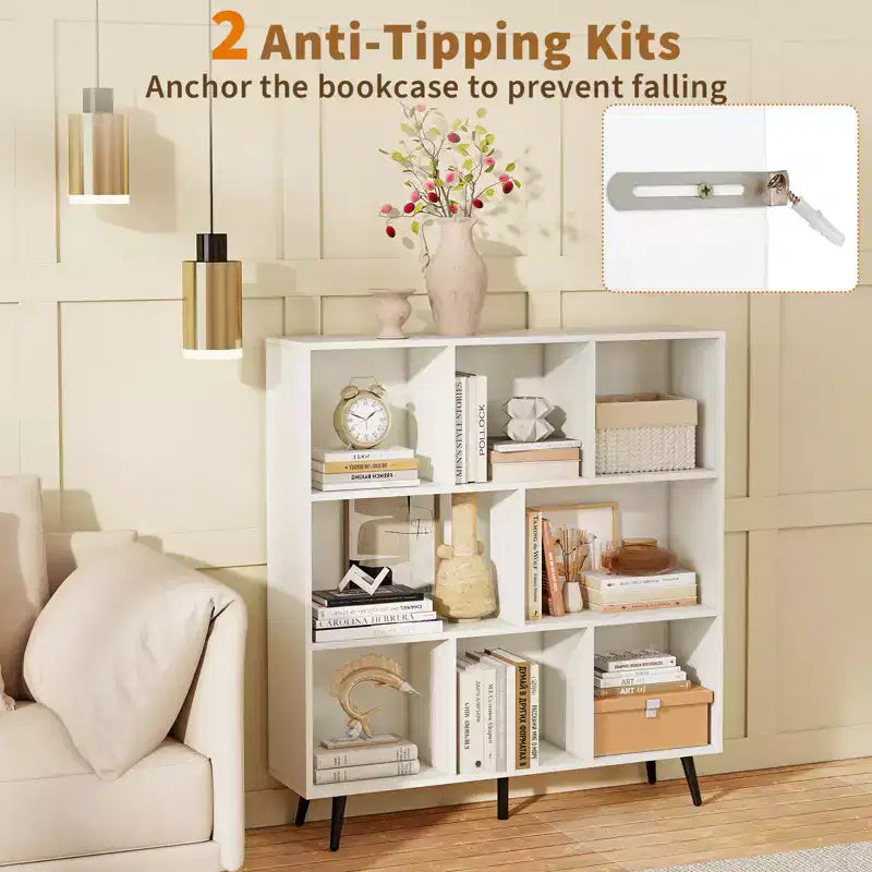 Libreria a 3 livelli a 8 cubi con organizer portaoggetti e 5 gambe in metallo, bianca