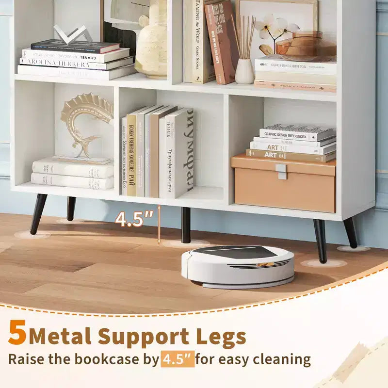 Libreria a 3 livelli a 8 cubi con organizer portaoggetti e 5 gambe in metallo, bianca