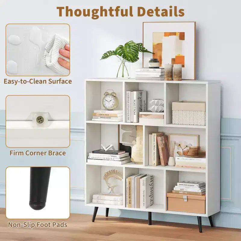 Libreria a 3 livelli a 8 cubi con organizer portaoggetti e 5 gambe in metallo, bianca