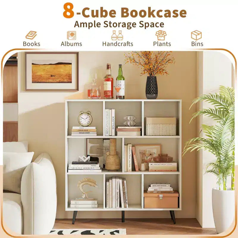 Libreria a 3 livelli a 8 cubi con organizer portaoggetti e 5 gambe in metallo, bianca