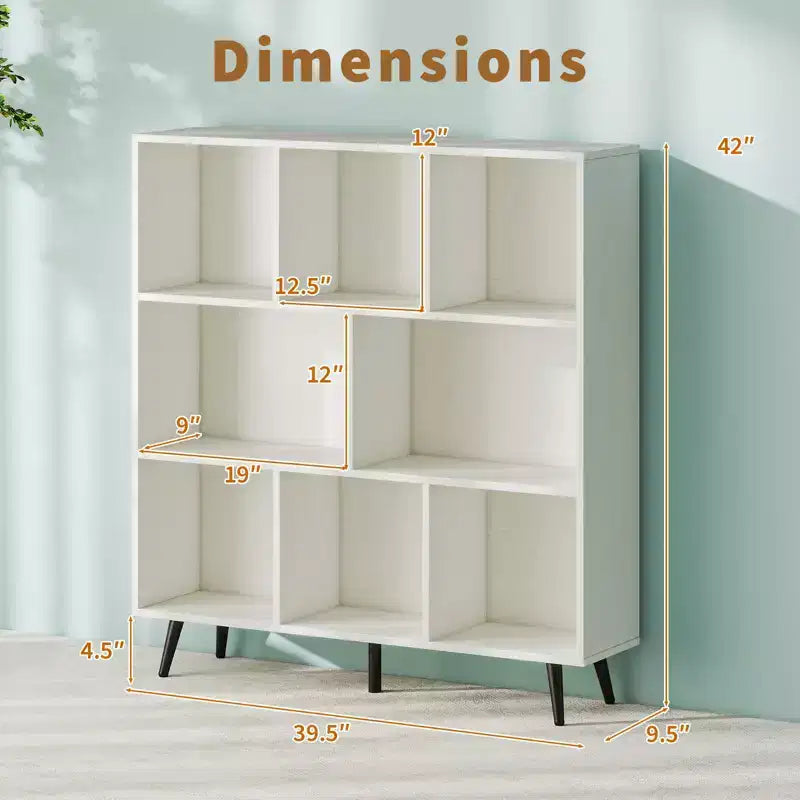 Libreria a 3 livelli a 8 cubi con organizer portaoggetti e 5 gambe in metallo, bianca