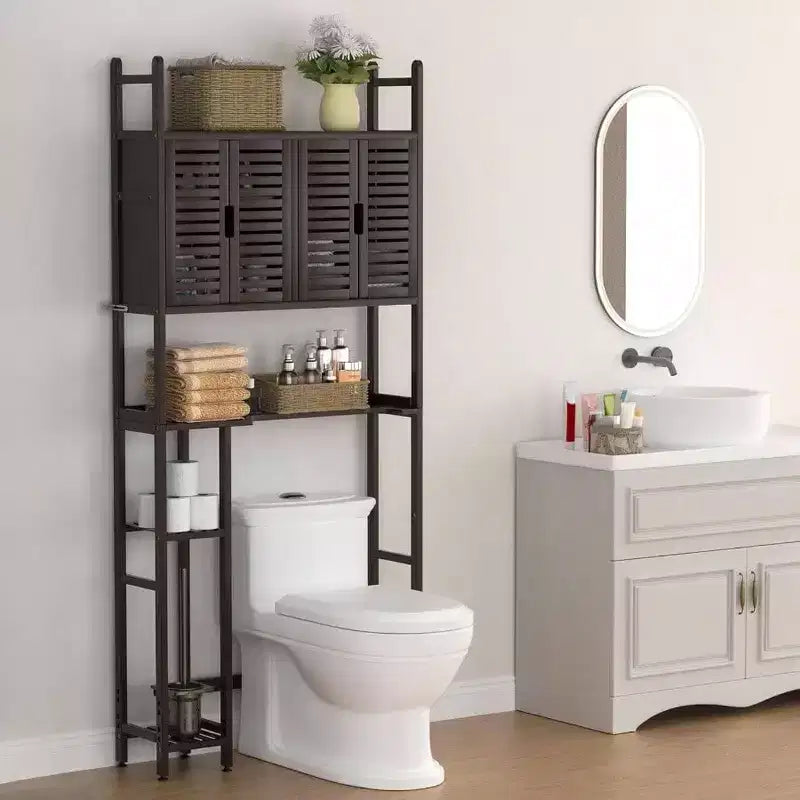 Pensile da Bagno Sopra-WC con Porta Carta Igienica, 4 Ante, Piedini Impermeabili