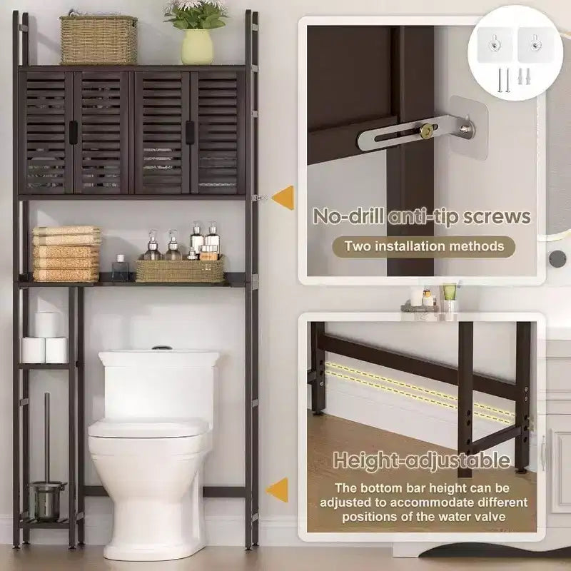 Pensile da Bagno Sopra-WC con Porta Carta Igienica, 4 Ante, Piedini Impermeabili