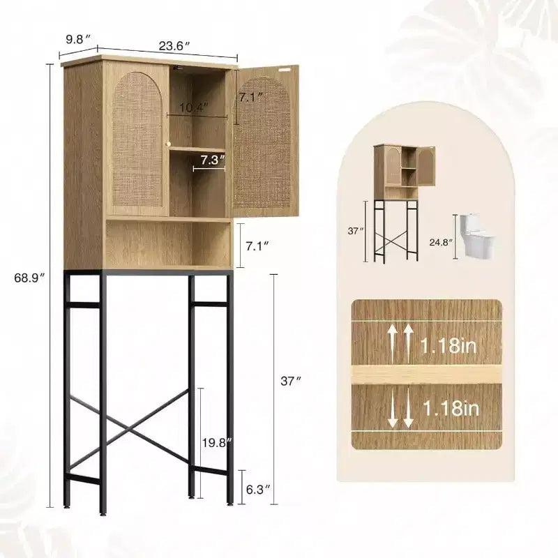 Mobiletto portaoggetti da bagno con ripiani regolabili in rattan da posizionare sopra il WC, alto e indipendente