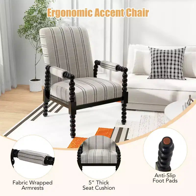 Poltrona d'accento imbottita con telaio in legno di caucciù e schienale ergonomico