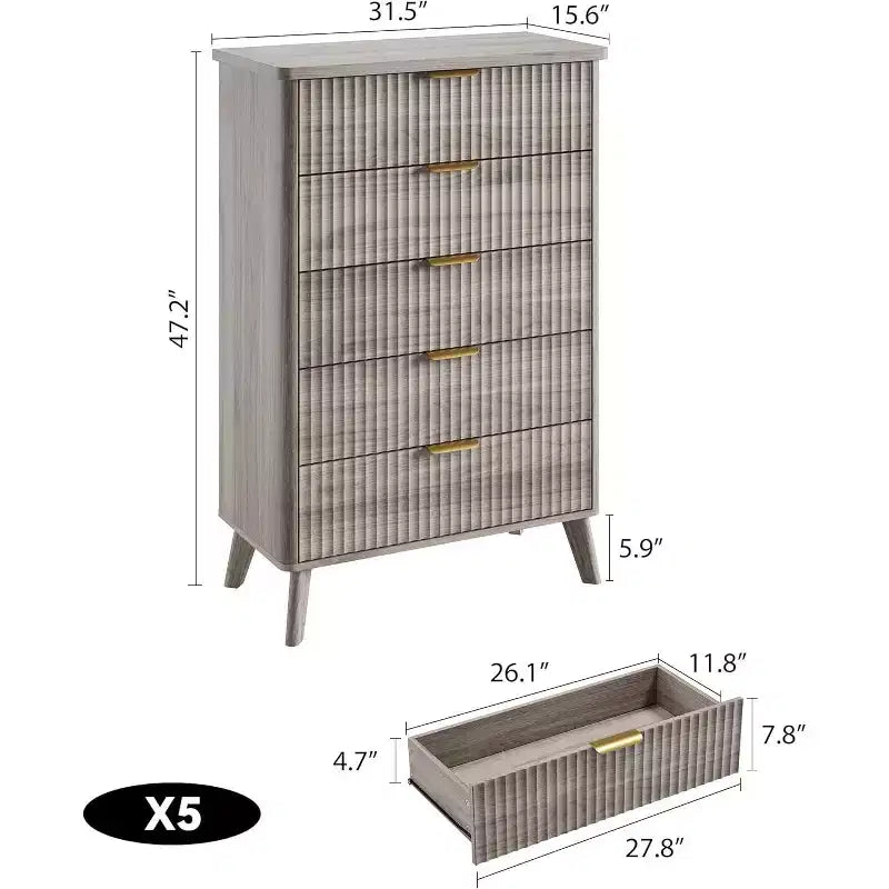 Comò a 5 cassetti scanalato, profilo curvo, cassettiera alta per camera da letto