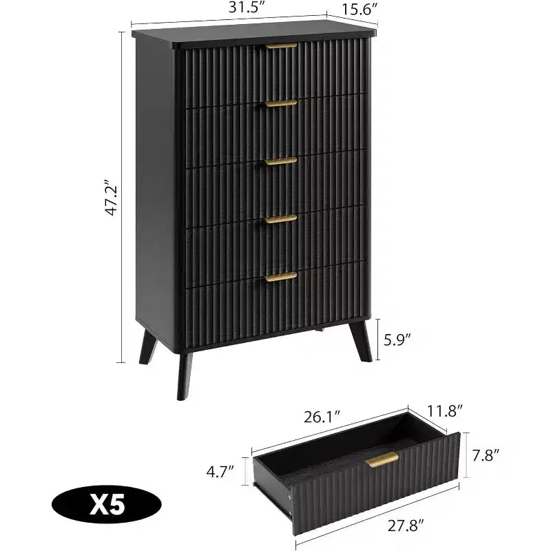 Comò a 5 cassetti scanalato, profilo curvo, cassettiera alta per camera da letto