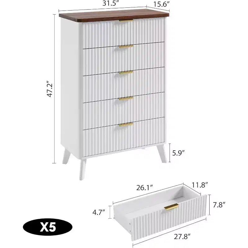 Comò a 5 cassetti scanalato, profilo curvo, cassettiera alta per camera da letto