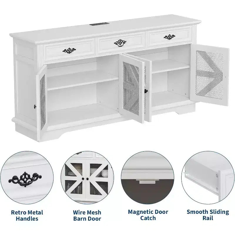 Madia credenza da 160 cm con stazione di ricarica, 3 cassetti e 4 ante