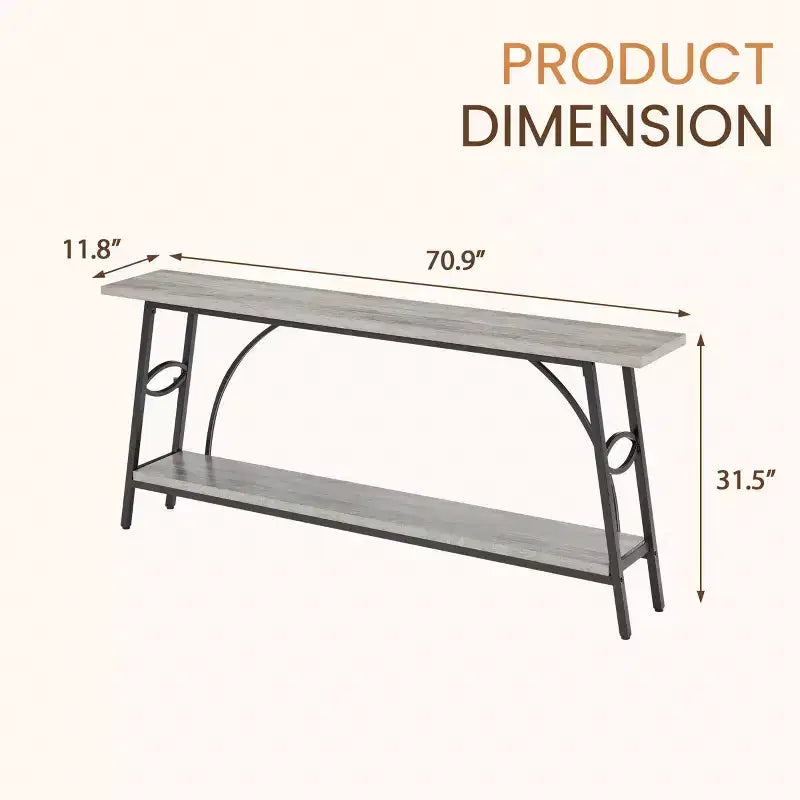 Consolle ad arco da 70,9", 2 ripiani, piano in legno grigio e struttura in metallo nero